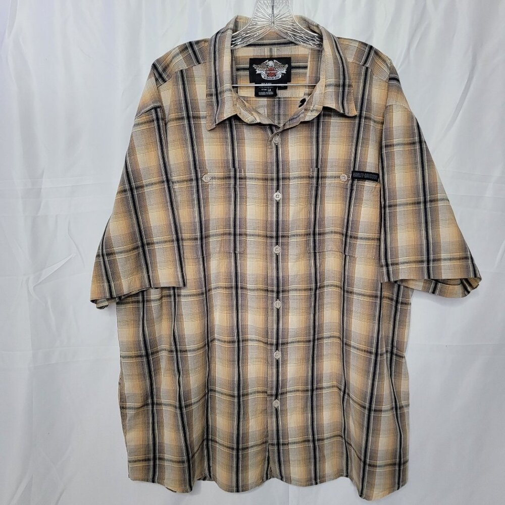 Harley-Davidson Men's Brown Plaid Short Sleeve Button-Down Shirt Size XL